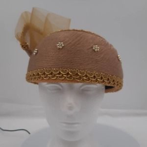 Vtg Juan Ell Golden Tan Round hat with netting Tulle spray on side gold decor